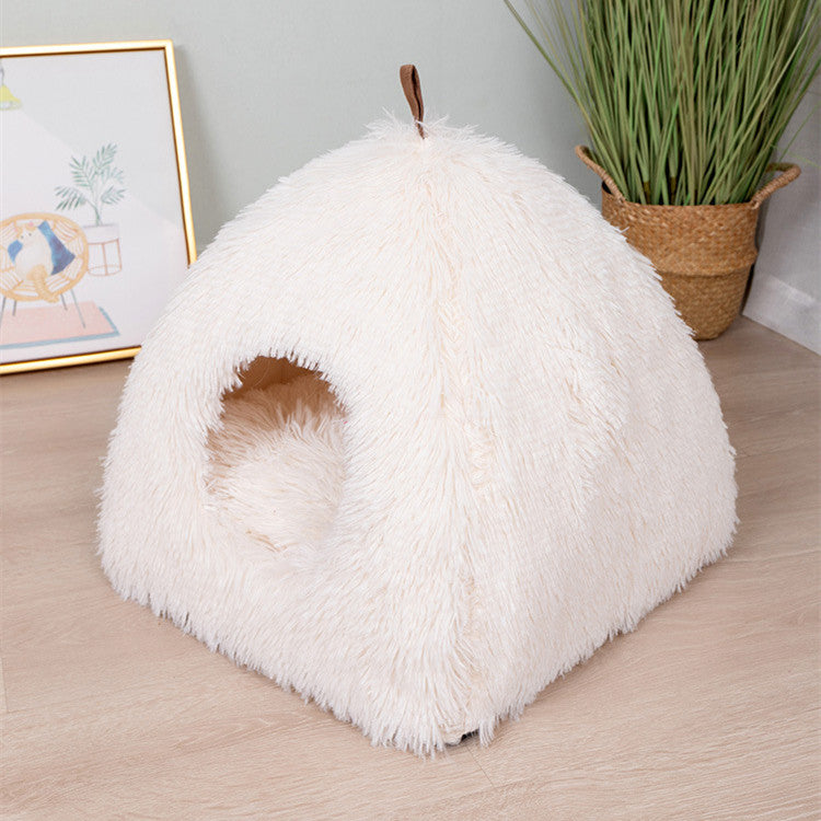 KFX-7061693 Plush Triangle Cat Bed - Soft, Stylish, Compressible Nest in White