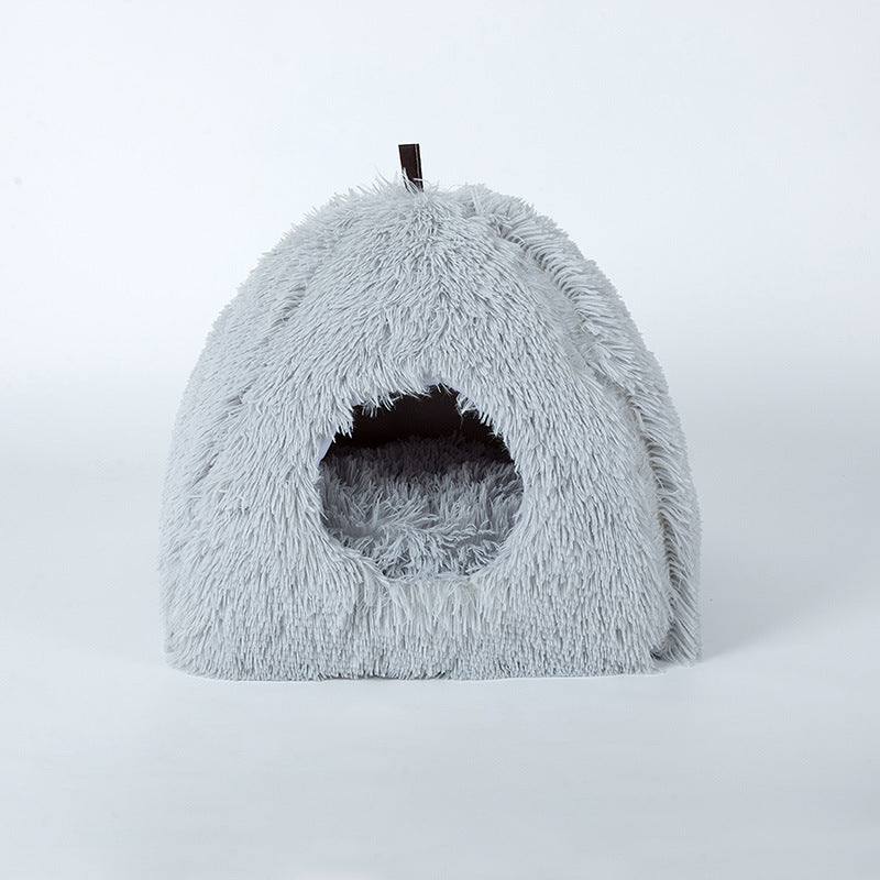 KFX-7061693 Plush Triangle Cat Bed - Soft, Stylish, Compressible Nest in White