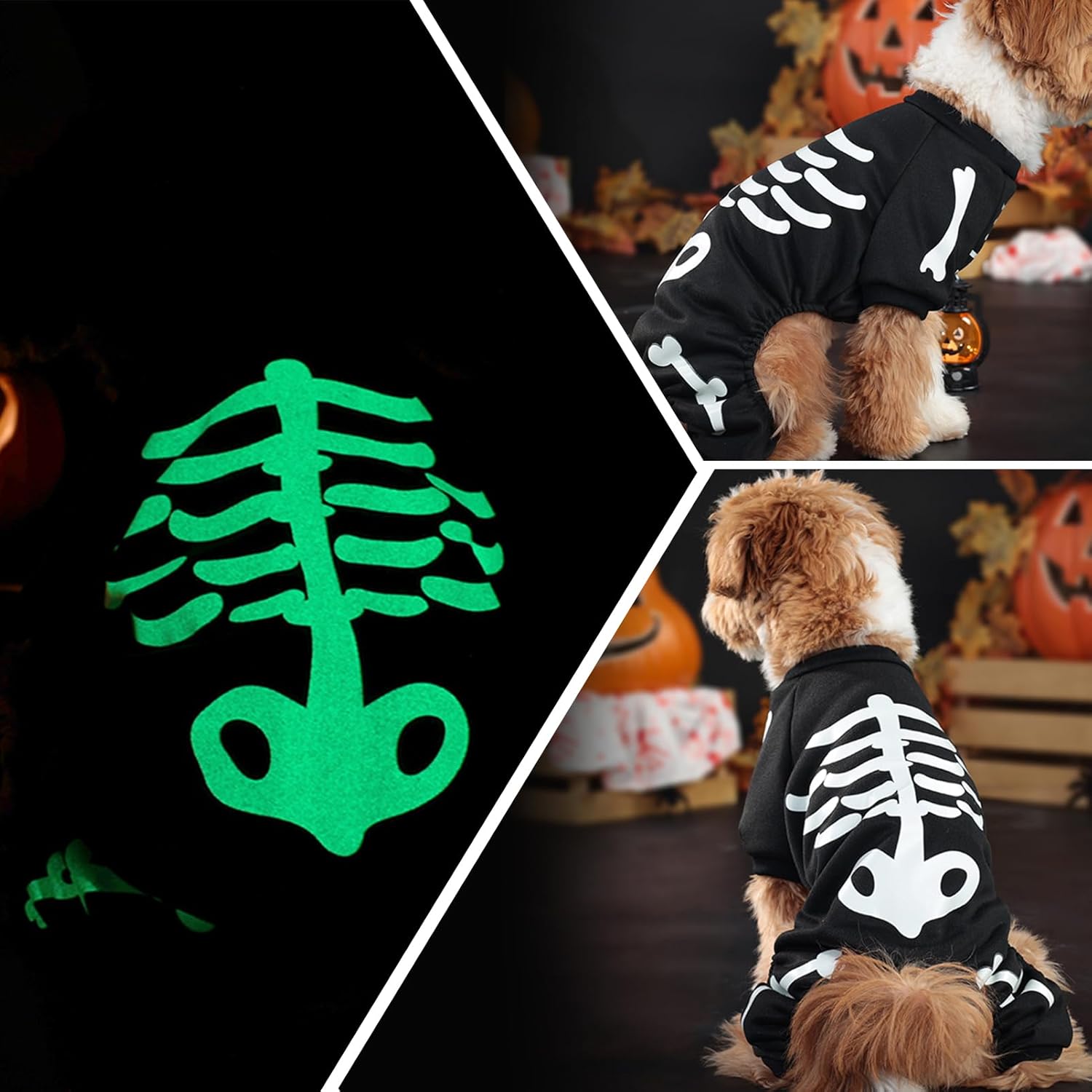 KFX-7067069 Glow in the Dark Skeleton Dog Costume for Small Dogs - Breathable Stretchy Jumpsuit for Halloween and Cosplay