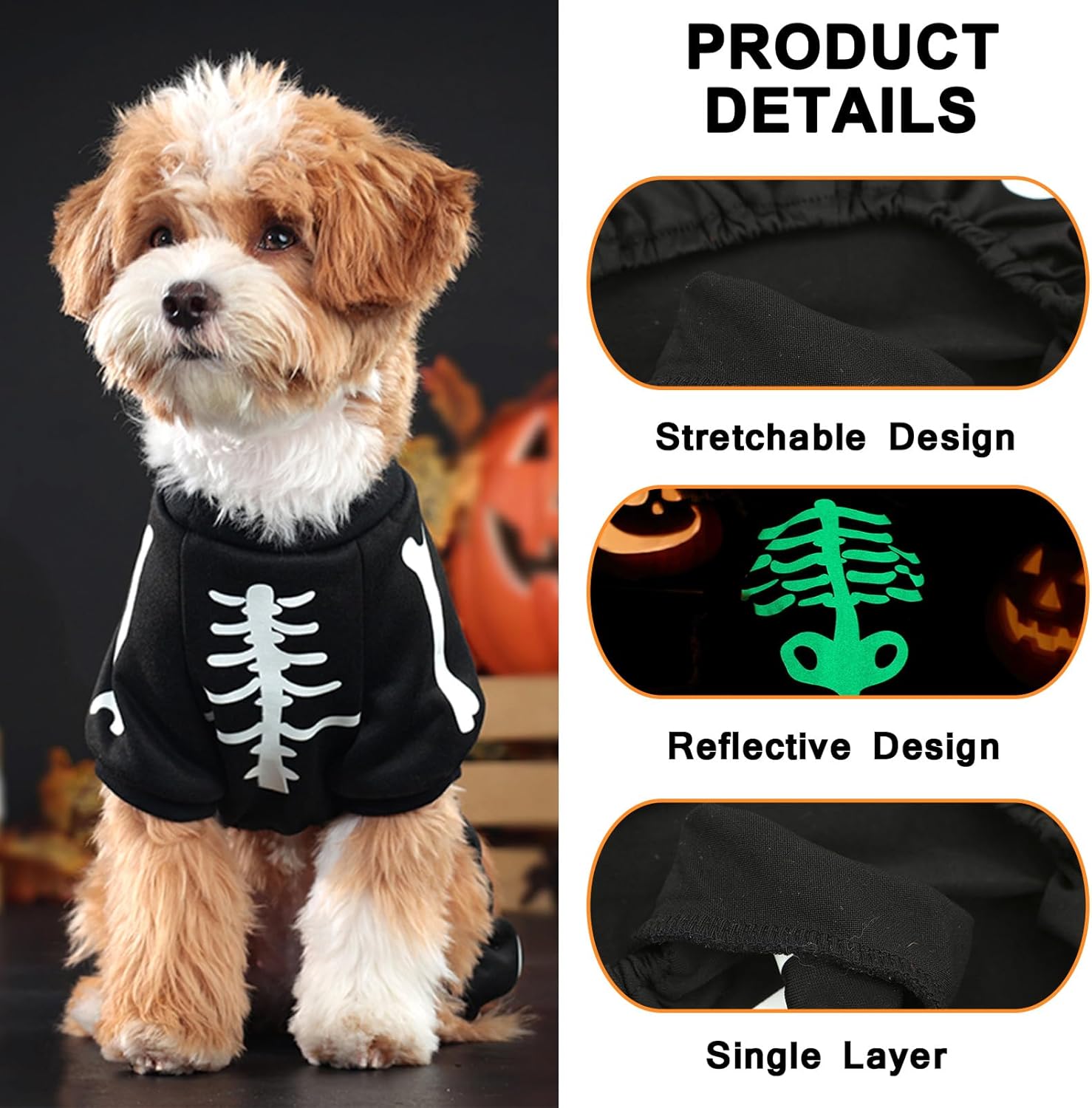 KFX-7067069 Glow in the Dark Skeleton Dog Costume for Small Dogs - Breathable Stretchy Jumpsuit for Halloween and Cosplay