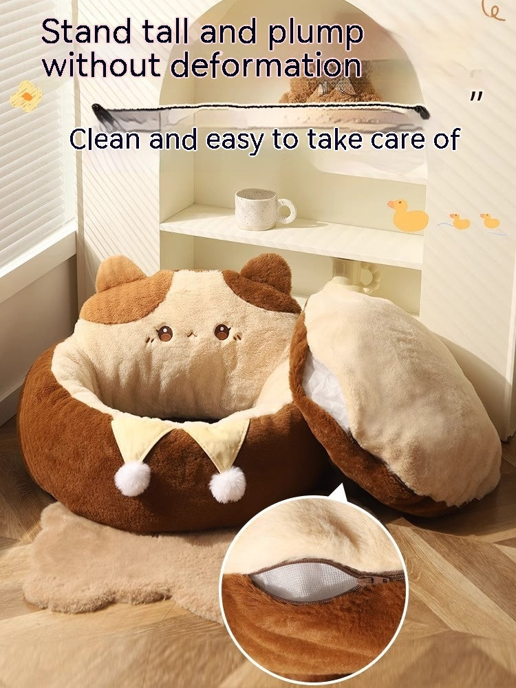 KFX-7067453 Cozy Cat Nest Winter Pet Bed - Medium Size, Warm Polyester with Three Flower Design