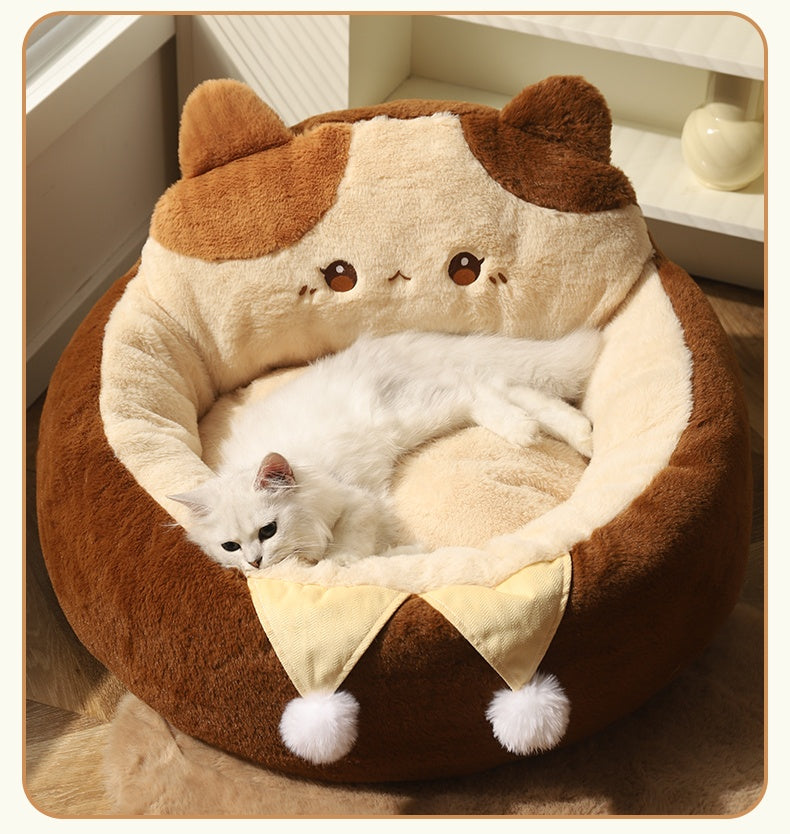 KFX-7067453 Cozy Cat Nest Winter Pet Bed - Medium Size, Warm Polyester with Three Flower Design