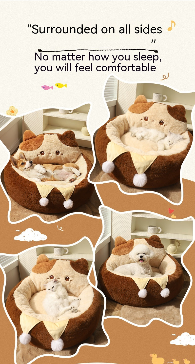 KFX-7067453 Cozy Cat Nest Winter Pet Bed - Medium Size, Warm Polyester with Three Flower Design