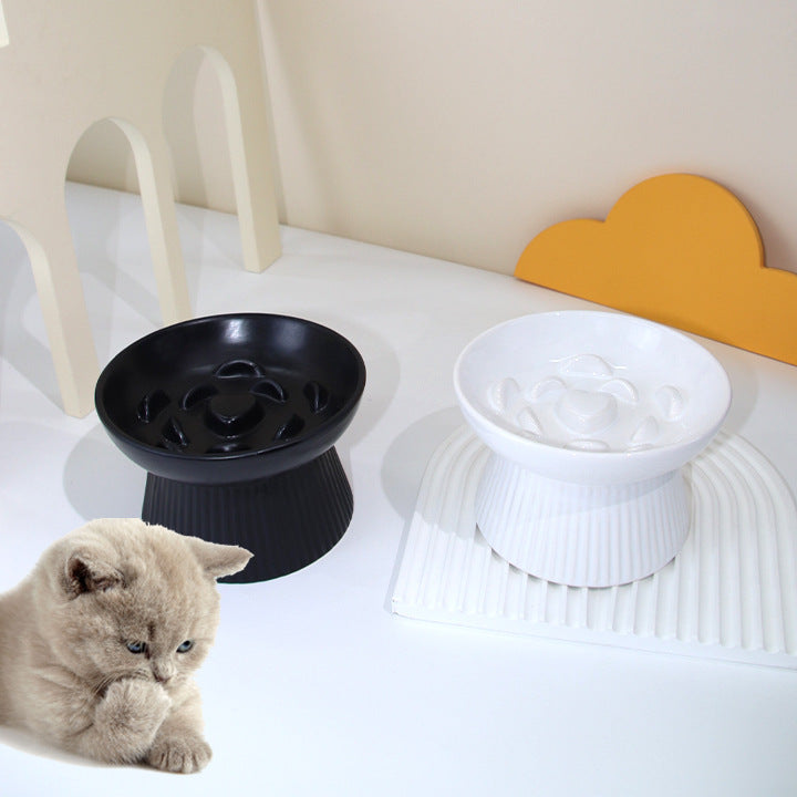 KFX-7067581 Ceramic High Foot Slow Feed Pet Bowl for Cats and Dogs - Anti-Choke Design and Tumble Resistant