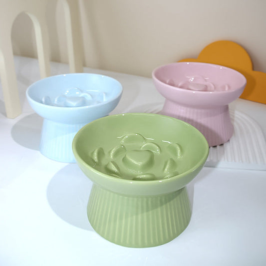 KFX-7067581 Ceramic High Foot Slow Feed Pet Bowl for Cats and Dogs - Anti-Choke Design and Tumble Resistant