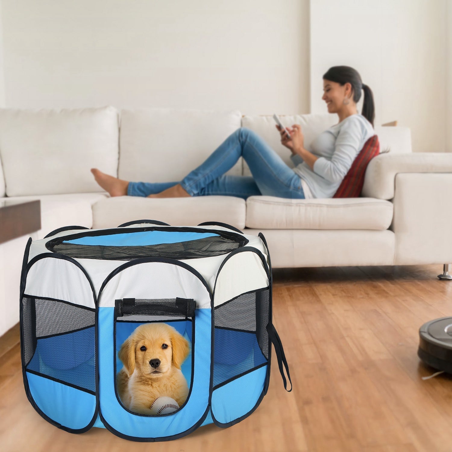 KFX-7072189 Portable Foldable Pet Tent Exercise Pen with Zippered Top and Bottom - Water Resistant Indoor/Outdoor Use for Dogs, Cats, and Other Pets