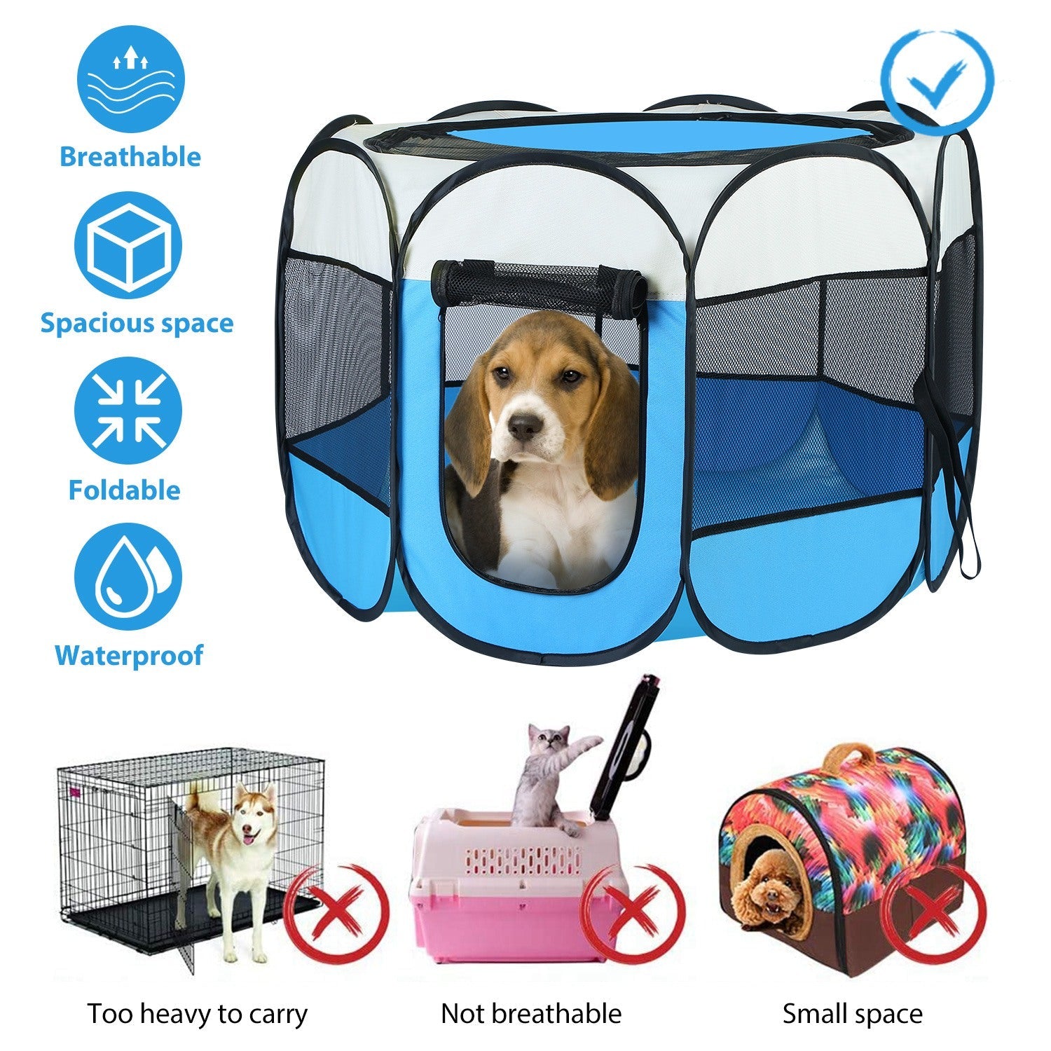 KFX-7072189 Portable Foldable Pet Tent Exercise Pen with Zippered Top and Bottom - Water Resistant Indoor/Outdoor Use for Dogs, Cats, and Other Pets