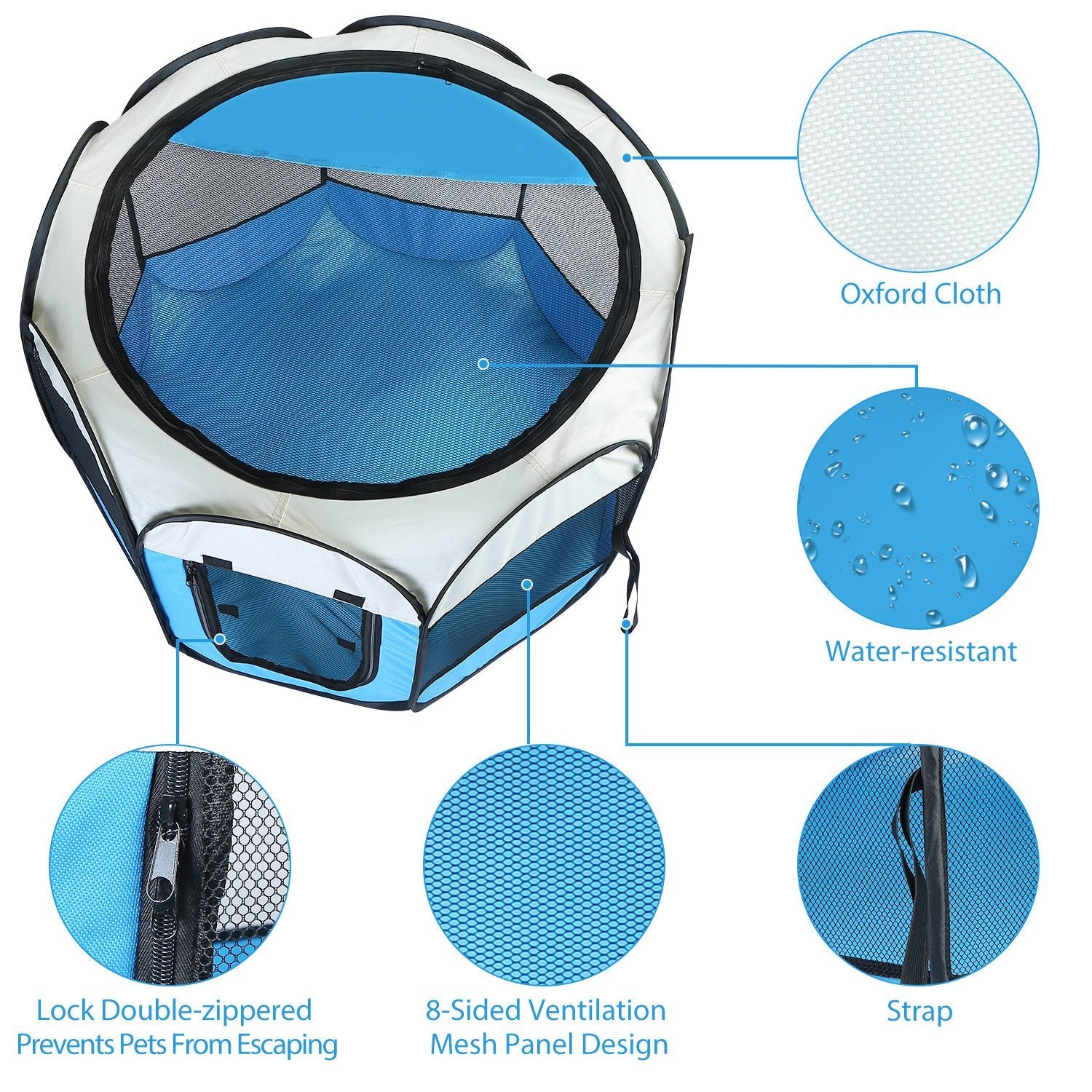 KFX-7072189 Portable Foldable Pet Tent Exercise Pen with Zippered Top and Bottom - Water Resistant Indoor/Outdoor Use for Dogs, Cats, and Other Pets