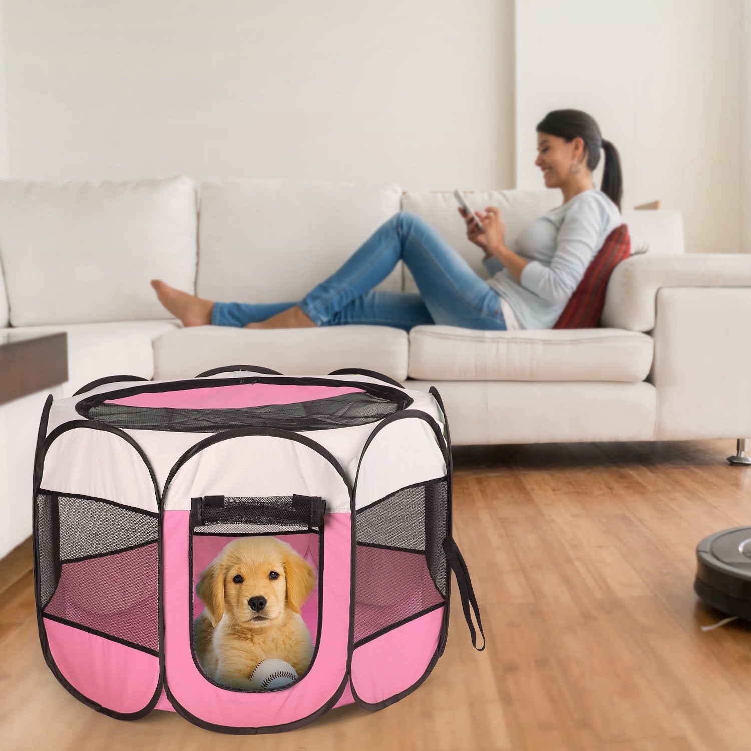 KFX-7072189 Portable Foldable Pet Tent Exercise Pen with Zippered Top and Bottom - Water Resistant Indoor/Outdoor Use for Dogs, Cats, and Other Pets