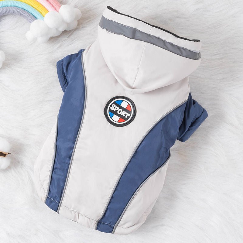 KFX-7073725 Warm Velvet Down Jacket for Dogs in Blue and Red with Reflective Strips - Multiple Sizes Available