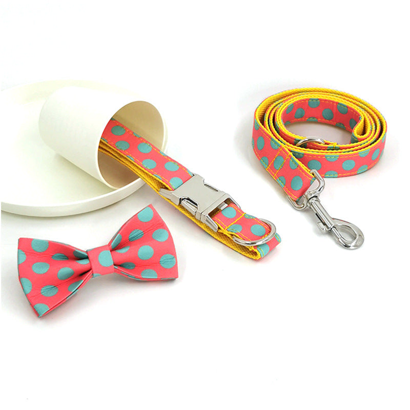 KFX-7080893 Polka Dot Yellow Nylon Dog Collar and Leash Set, Multiple Sizes Available