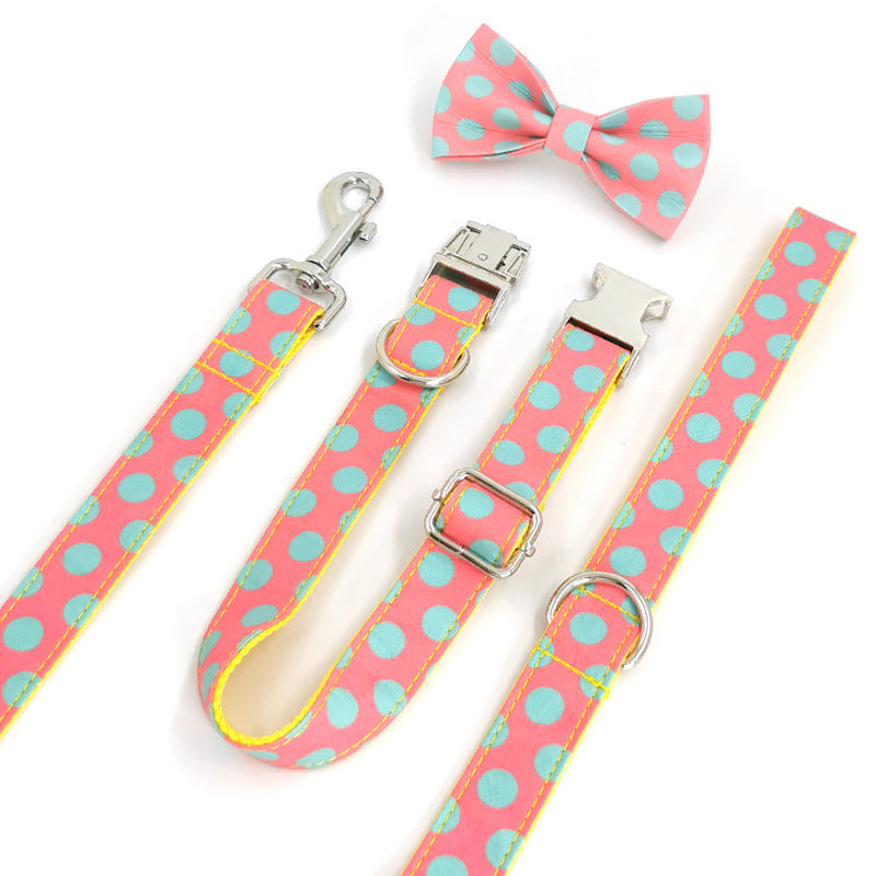 KFX-7080893 Polka Dot Yellow Nylon Dog Collar and Leash Set, Multiple Sizes Available