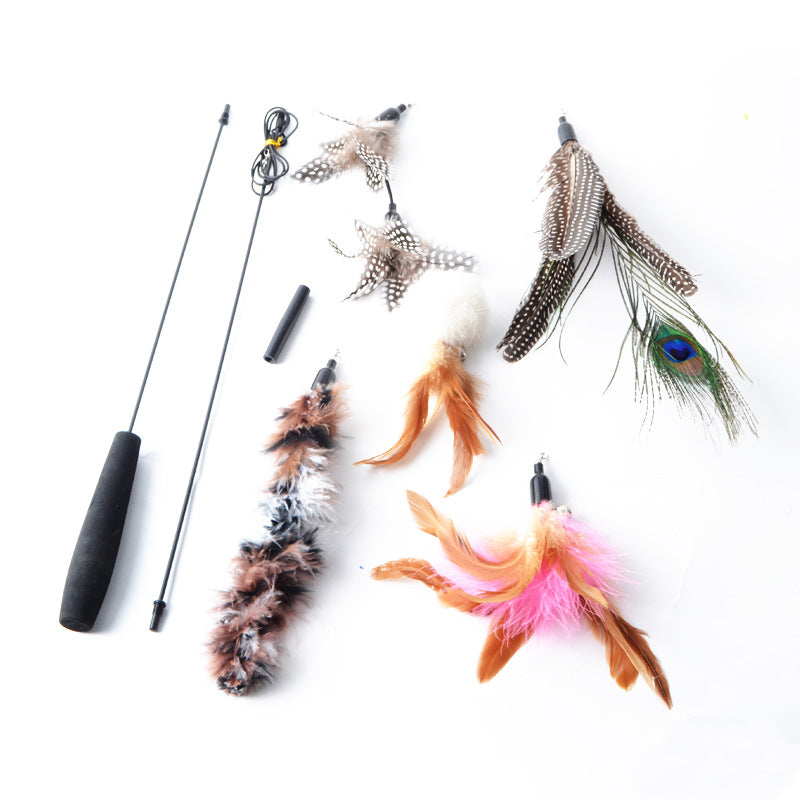 KFX-7083709 Feathered Cat Toy Pole with 5 Replacement Heads - 41.5CM and 85CM Length Options