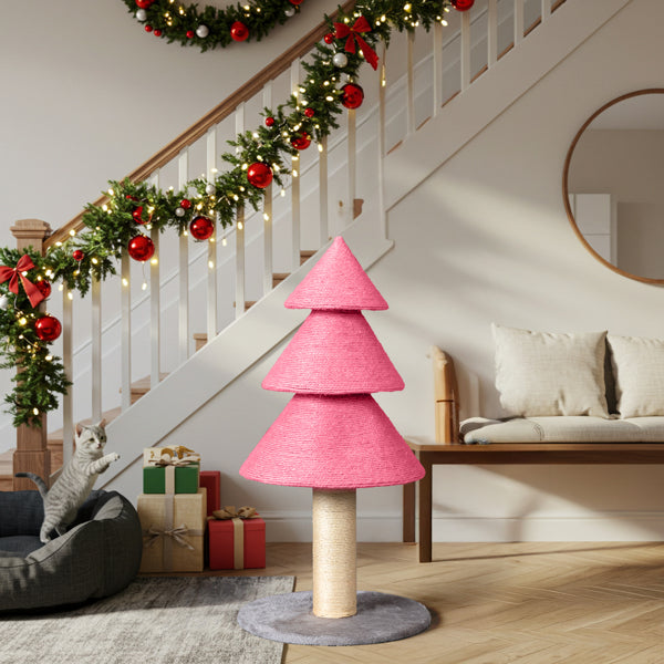 KFX-7084349 Christmas Tree Cat Scratcher Tower - 31.5in Pink Scratch Post with Cozy Fleece Base