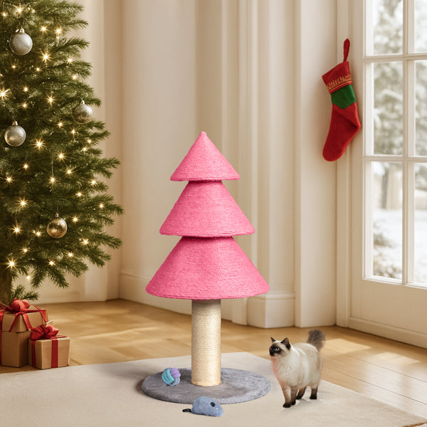 KFX-7084349 Christmas Tree Cat Scratcher Tower - 31.5in Pink Scratch Post with Cozy Fleece Base