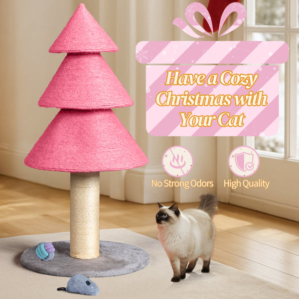 KFX-7084349 Christmas Tree Cat Scratcher Tower - 31.5in Pink Scratch Post with Cozy Fleece Base