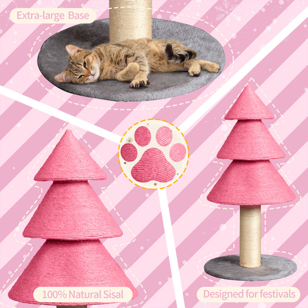 KFX-7084349 Christmas Tree Cat Scratcher Tower - 31.5in Pink Scratch Post with Cozy Fleece Base