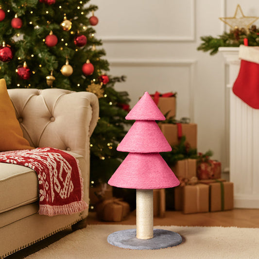 KFX-7084349 Christmas Tree Cat Scratcher Tower - 31.5in Pink Scratch Post with Cozy Fleece Base