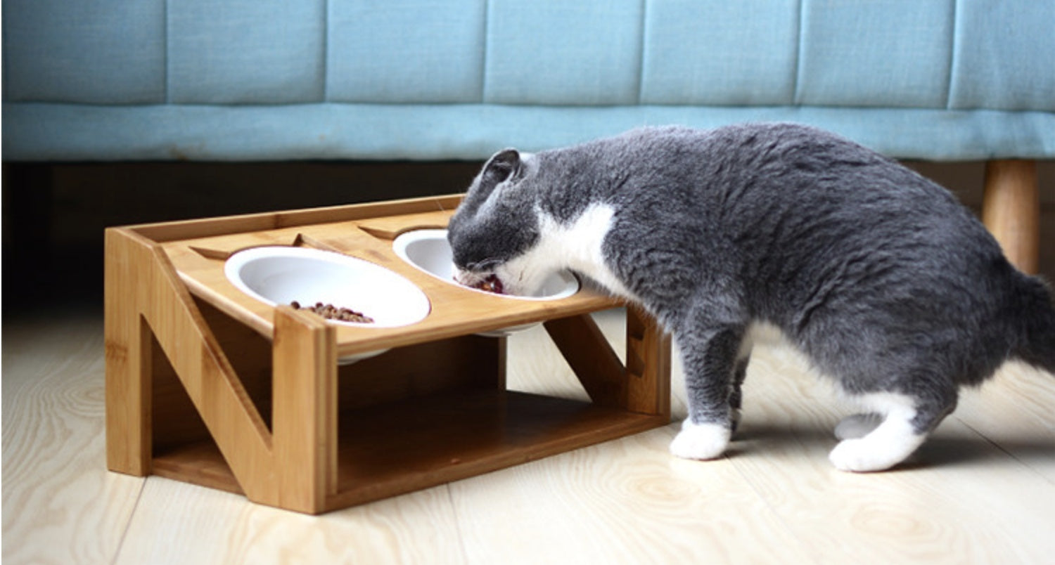 KFX-7084861 Wooden Cat Bowl Dish Rack for Elevated Pet Feeding