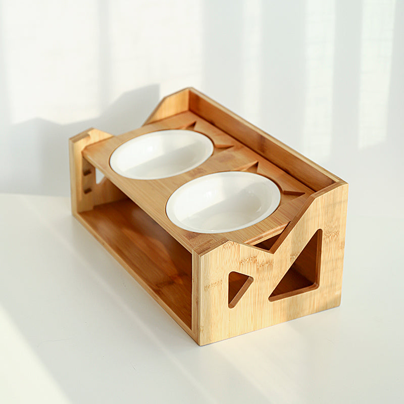 KFX-7084861 Wooden Cat Bowl Dish Rack for Elevated Pet Feeding