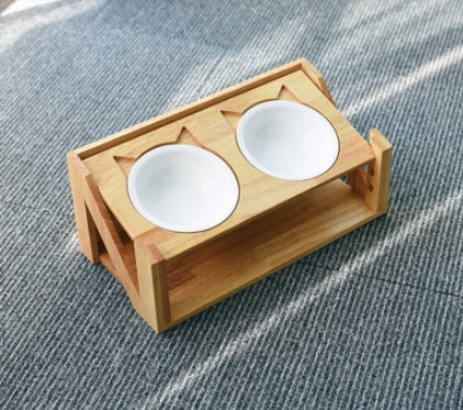 KFX-7084861 Wooden Cat Bowl Dish Rack for Elevated Pet Feeding