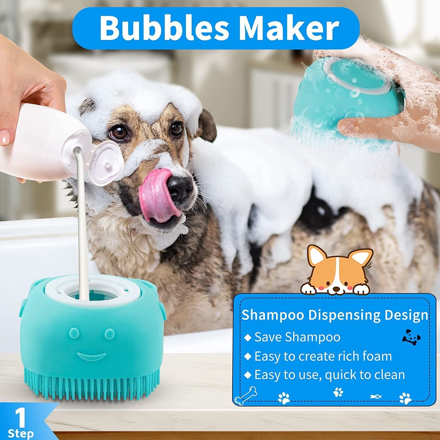 KFX-7086525 3-Piece Dog Bath Brush Set with Adjustable Massage and Shampoo Brushes