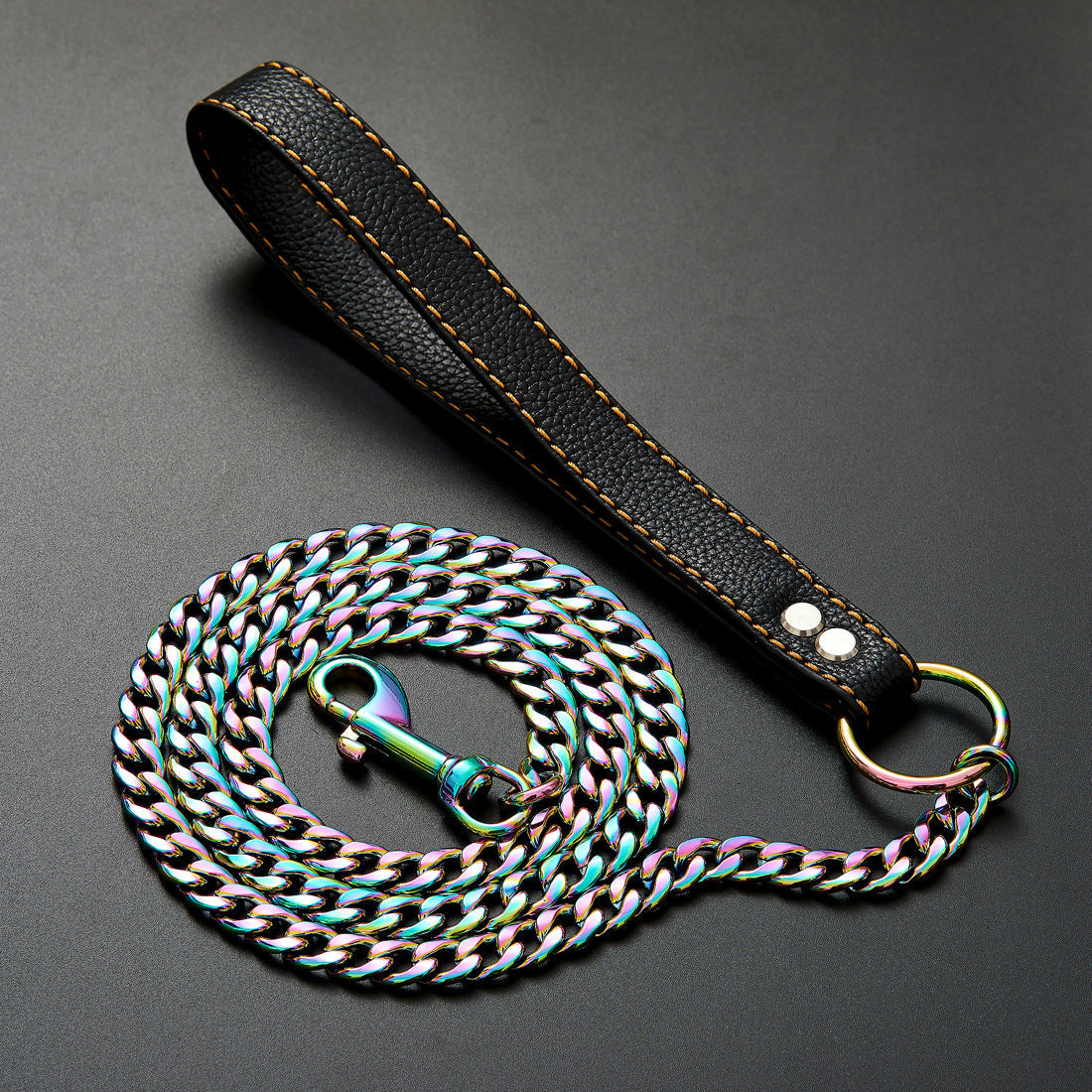 KFX-7088445 Stainless Steel Traction Belt with 125cm PU Coated Black Leather Rope