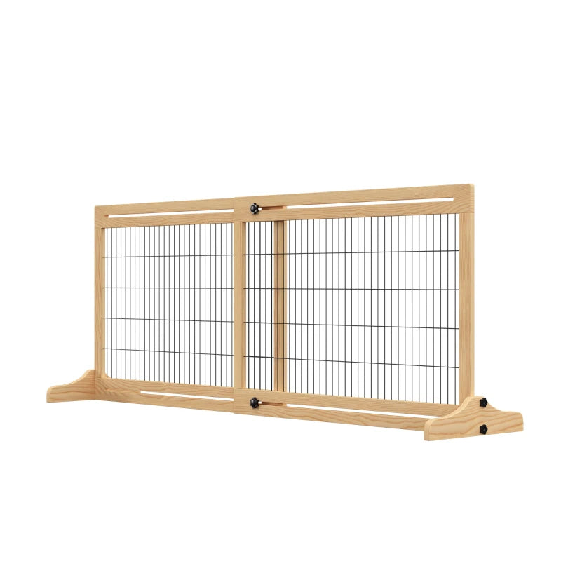 KFX-7090109 Extra Wide Freestanding Pet Gate for Dogs and Cats, Adjustable Length Barrier for Doorways and Hallways, Natural Pine Wood and Steel Design