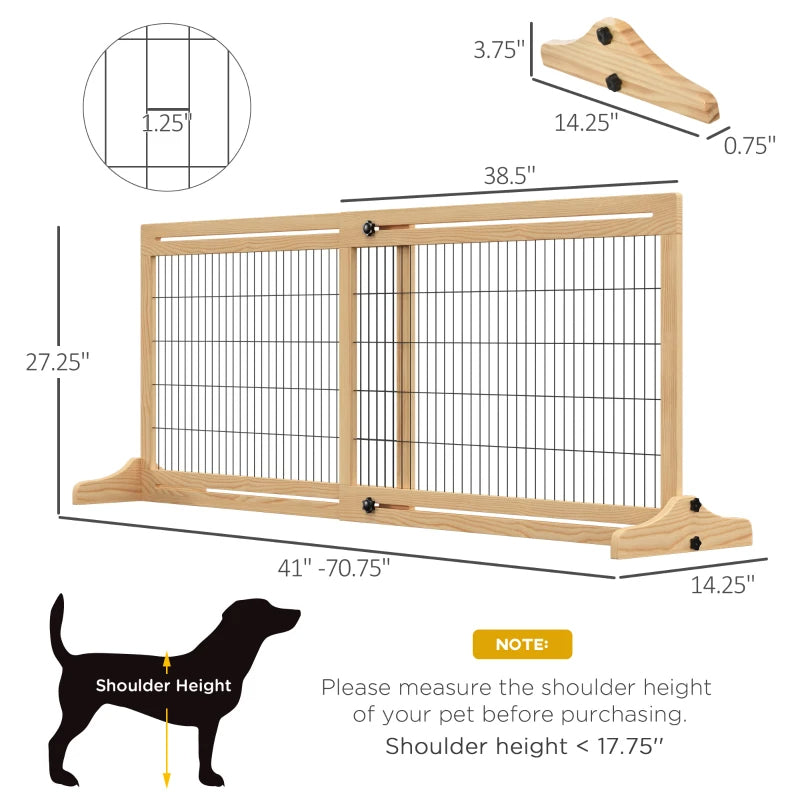 KFX-7090109 Extra Wide Freestanding Pet Gate for Dogs and Cats, Adjustable Length Barrier for Doorways and Hallways, Natural Pine Wood and Steel Design