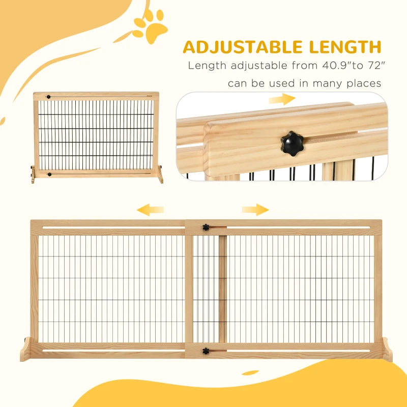 KFX-7090109 Extra Wide Freestanding Pet Gate for Dogs and Cats, Adjustable Length Barrier for Doorways and Hallways, Natural Pine Wood and Steel Design