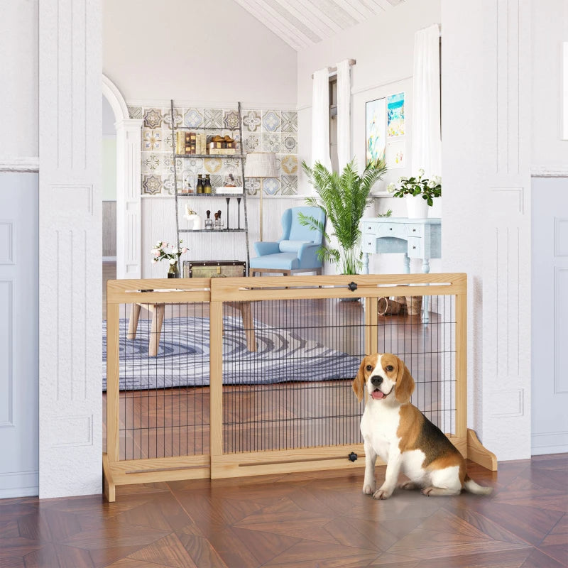 KFX-7090109 Extra Wide Freestanding Pet Gate for Dogs and Cats, Adjustable Length Barrier for Doorways and Hallways, Natural Pine Wood and Steel Design