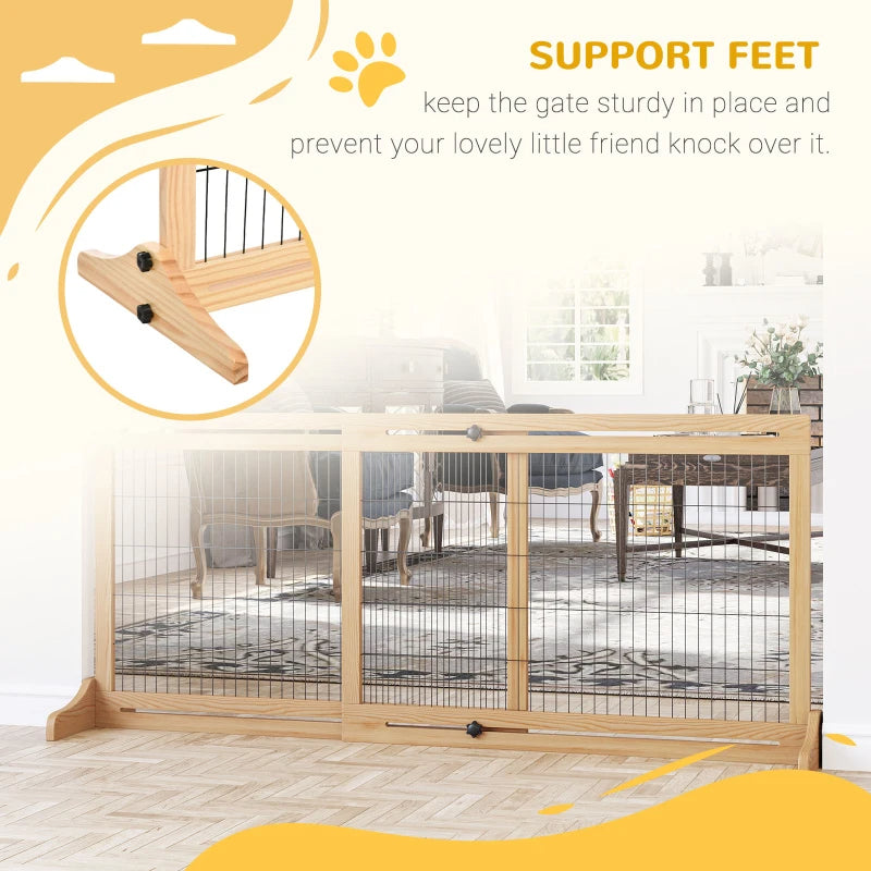 KFX-7090109 Extra Wide Freestanding Pet Gate for Dogs and Cats, Adjustable Length Barrier for Doorways and Hallways, Natural Pine Wood and Steel Design