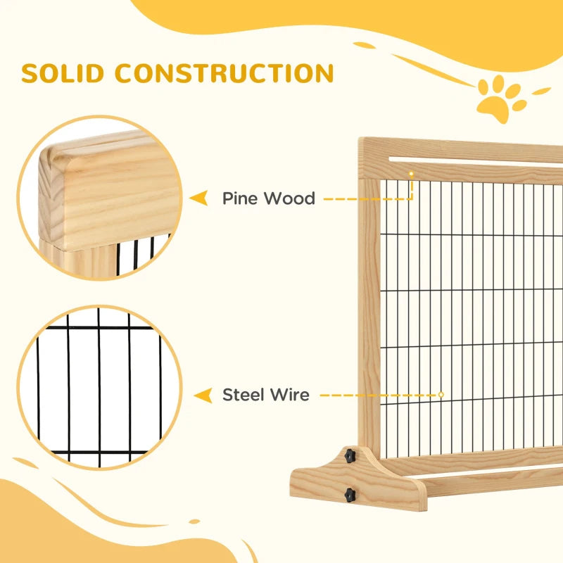 KFX-7090109 Extra Wide Freestanding Pet Gate for Dogs and Cats, Adjustable Length Barrier for Doorways and Hallways, Natural Pine Wood and Steel Design