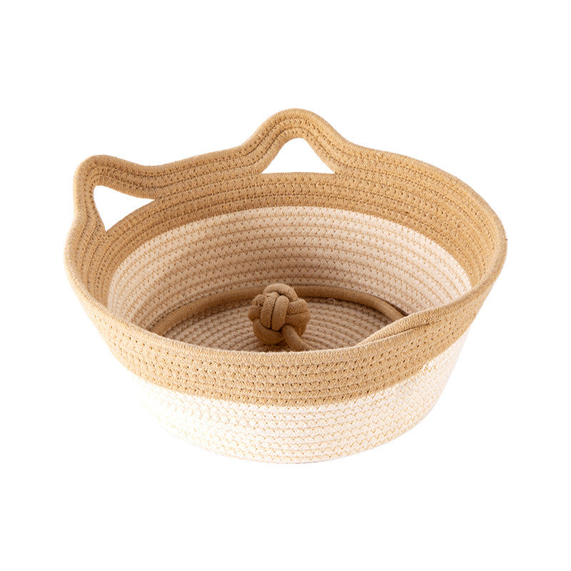KFX-7102013 Coarse Linen Rattan Cat Nest - Universal Cat Bed for All Seasons, Woven Sleeping Mat in Beige Khaki