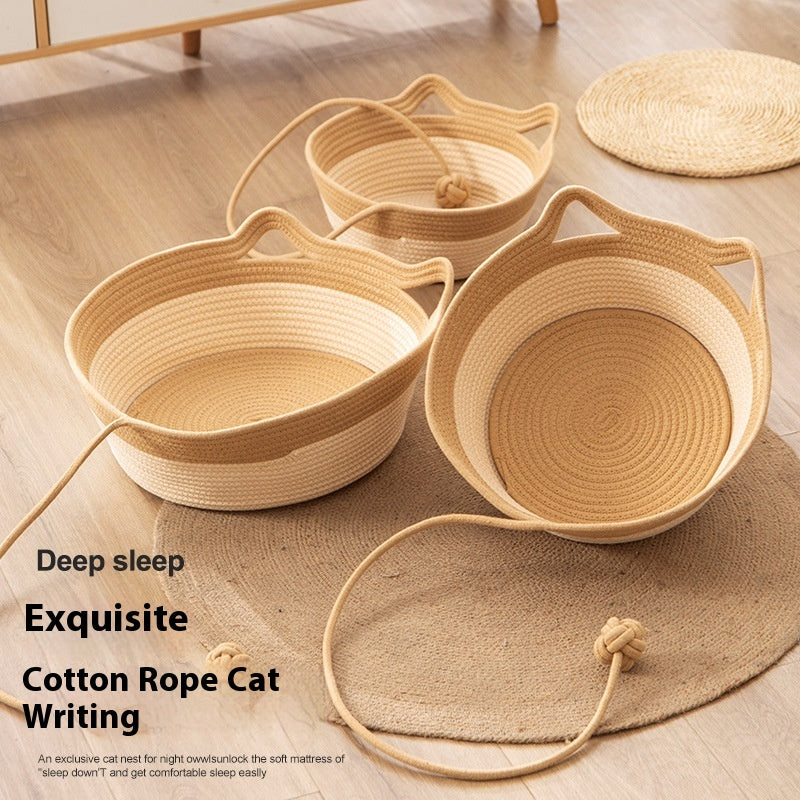 KFX-7102013 Coarse Linen Rattan Cat Nest - Universal Cat Bed for All Seasons, Woven Sleeping Mat in Beige Khaki