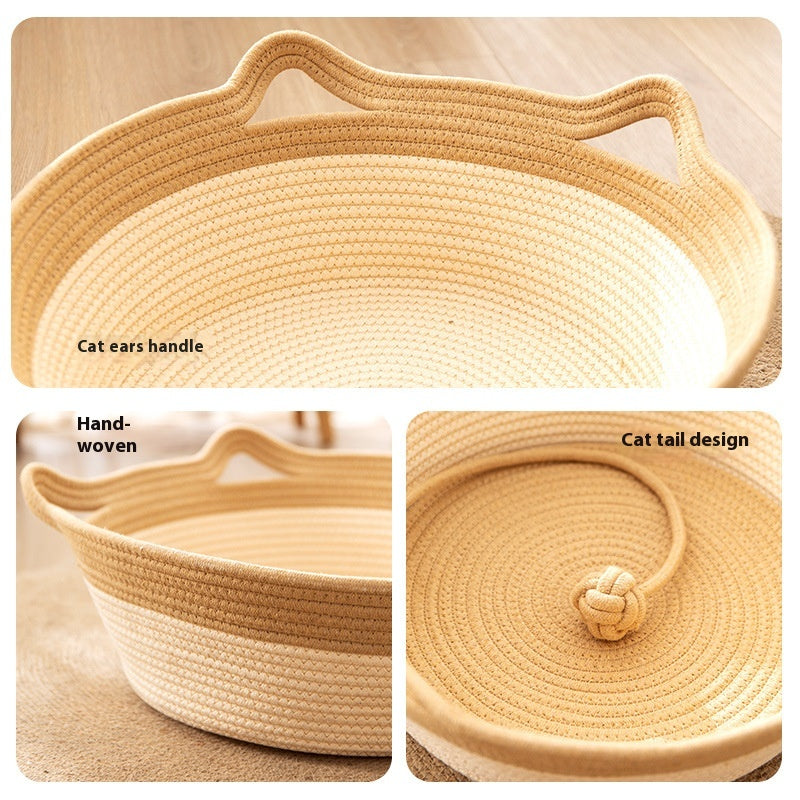 KFX-7102013 Coarse Linen Rattan Cat Nest - Universal Cat Bed for All Seasons, Woven Sleeping Mat in Beige Khaki