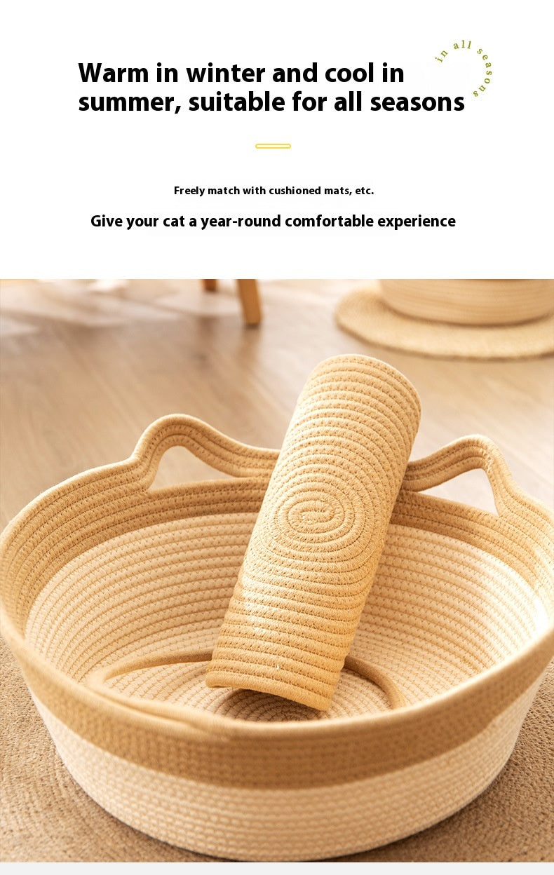 KFX-7102013 Coarse Linen Rattan Cat Nest - Universal Cat Bed for All Seasons, Woven Sleeping Mat in Beige Khaki