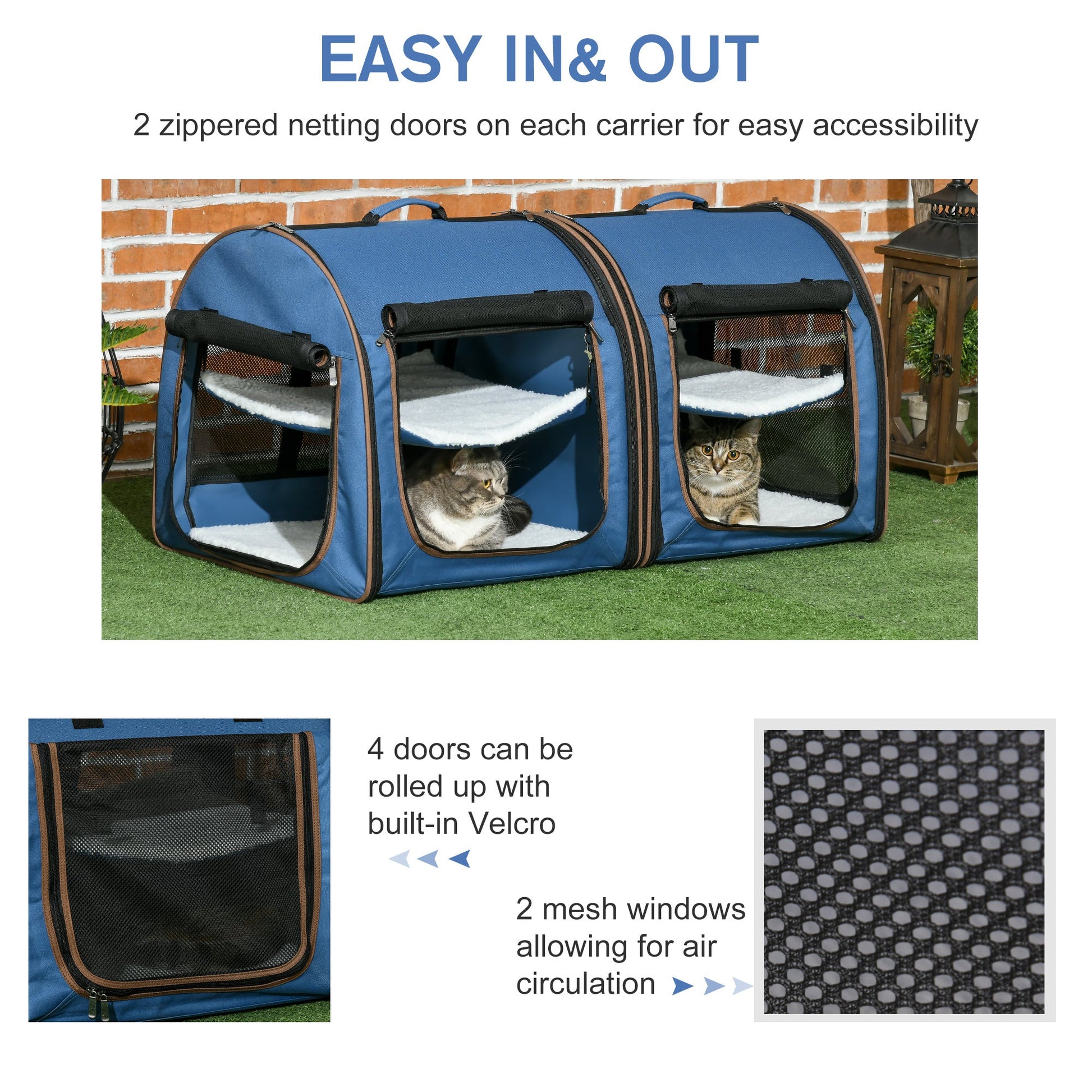 KFX-7104957 Portable Twin Compartment Cat Cage with Soft Cushions and Storage Bag - Blue 39-Inch Soft-Sided Kennel