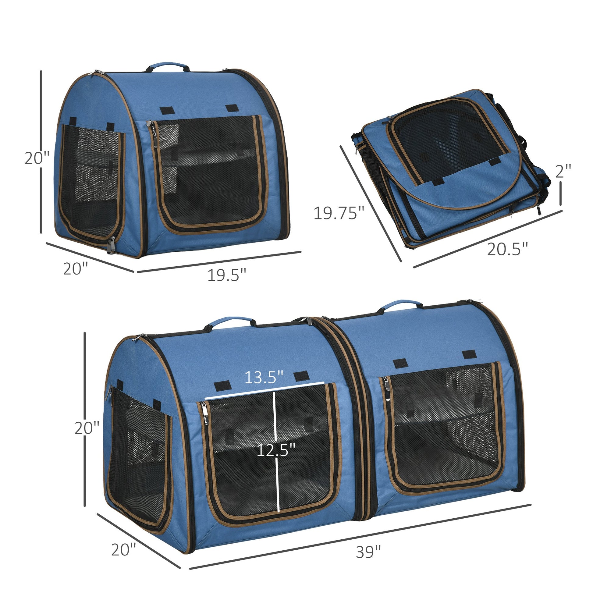 KFX-7104957 Portable Twin Compartment Cat Cage with Soft Cushions and Storage Bag - Blue 39-Inch Soft-Sided Kennel