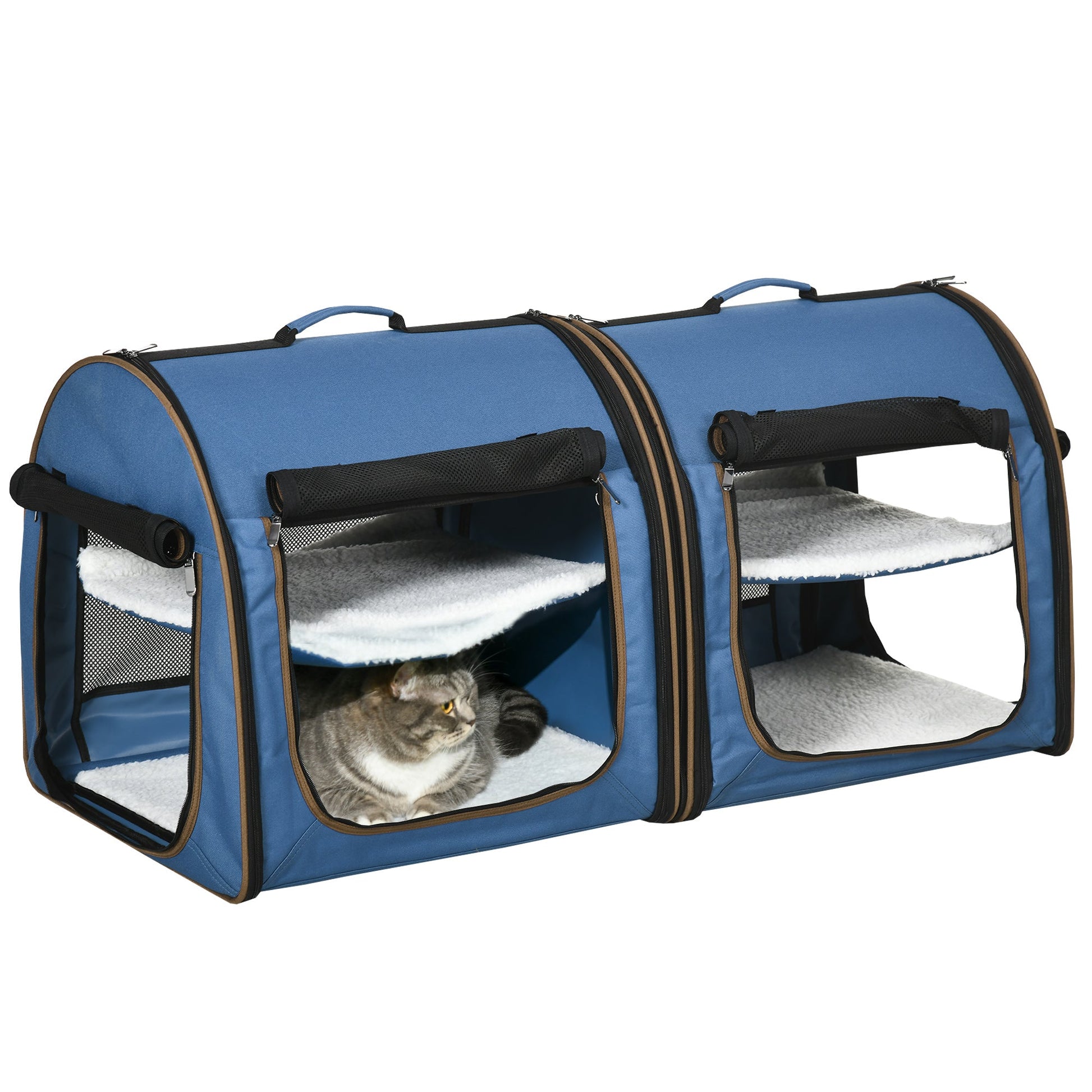 KFX-7104957 Portable Twin Compartment Cat Cage with Soft Cushions and Storage Bag - Blue 39-Inch Soft-Sided Kennel
