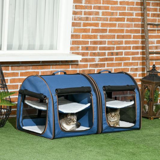 KFX-7104957 Portable Twin Compartment Cat Cage with Soft Cushions and Storage Bag - Blue 39-Inch Soft-Sided Kennel