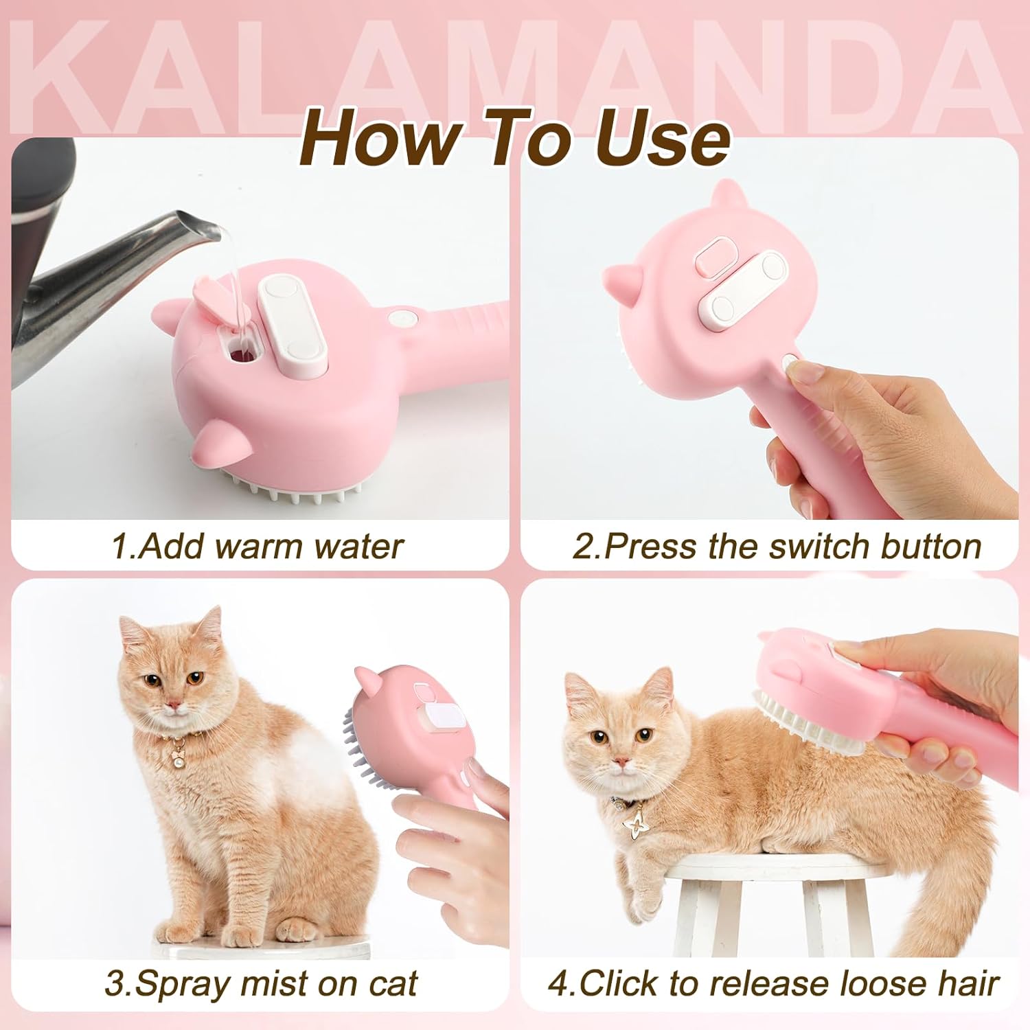 KFX-7107389 4-in-1 Pet Steam Brush with Rubber Bristles, One-Click Hair Release, Ideal for Cats and Dogs