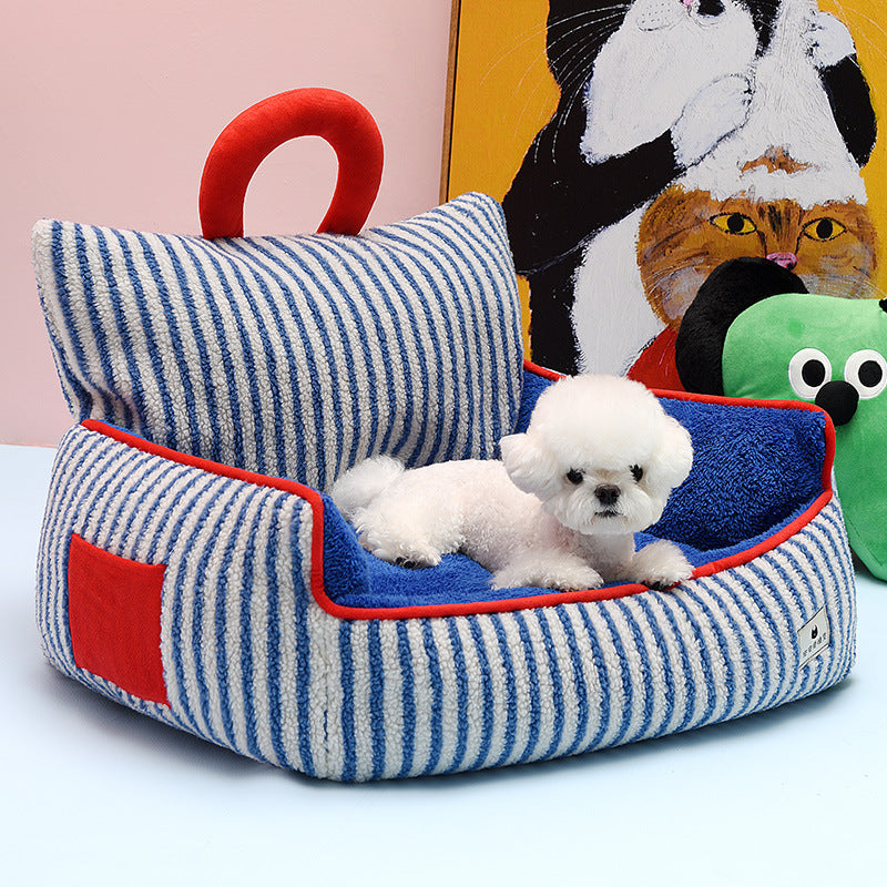 KFX-7109949 Cozy Blue Striped Winter Pet Sofa Nest for Dogs - Multiple Sizes Available