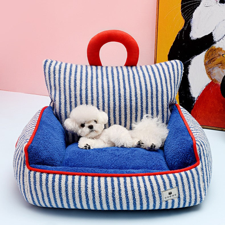 KFX-7109949 Cozy Blue Striped Winter Pet Sofa Nest for Dogs - Multiple Sizes Available