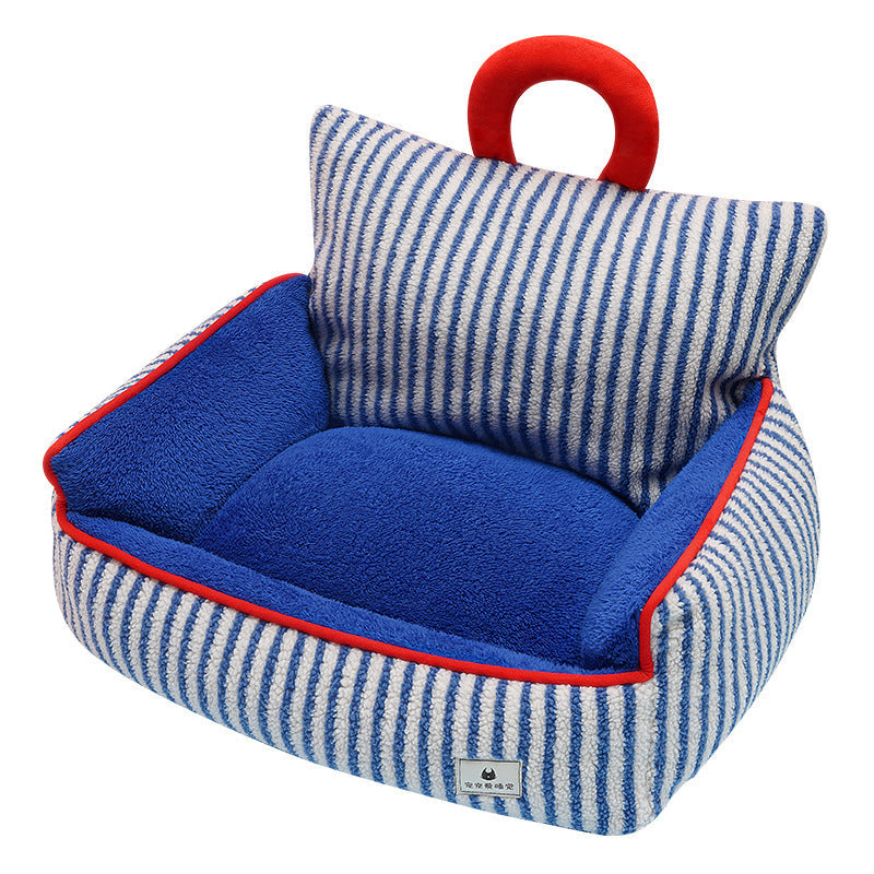 KFX-7109949 Cozy Blue Striped Winter Pet Sofa Nest for Dogs - Multiple Sizes Available