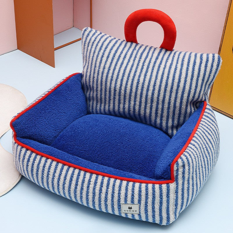 KFX-7109949 Cozy Blue Striped Winter Pet Sofa Nest for Dogs - Multiple Sizes Available