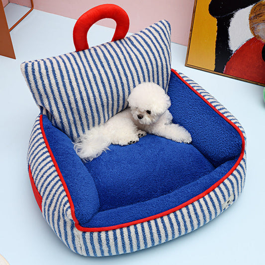 KFX-7109949 Cozy Blue Striped Winter Pet Sofa Nest for Dogs - Multiple Sizes Available