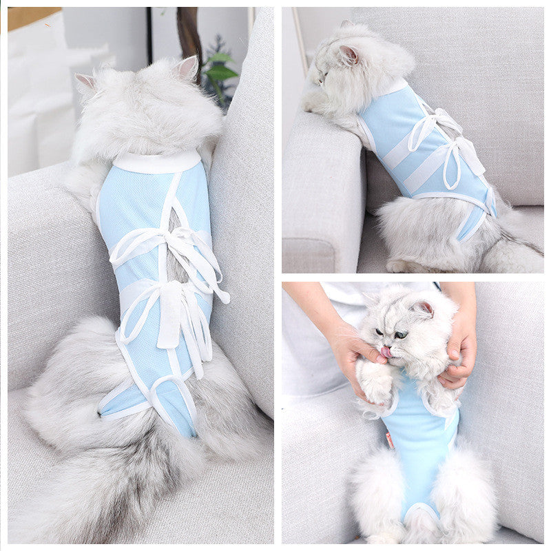 KFX-7110077 Lightweight Summer Cat Clothes - Breathable Casual Suit in Blue and White, Sizes S-XL
