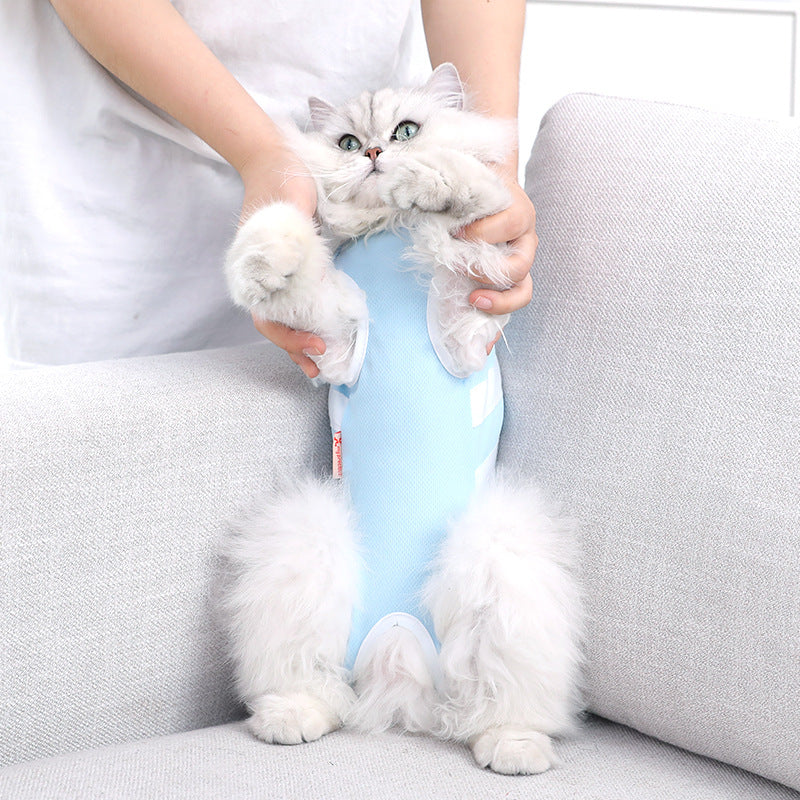 KFX-7110077 Lightweight Summer Cat Clothes - Breathable Casual Suit in Blue and White, Sizes S-XL