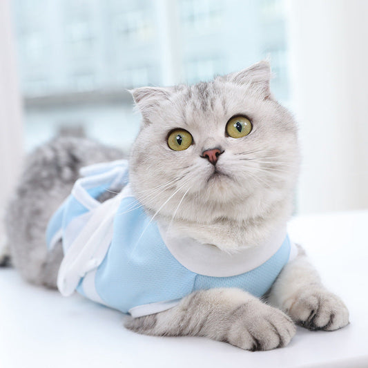 KFX-7110077 Lightweight Summer Cat Clothes - Breathable Casual Suit in Blue and White, Sizes S-XL